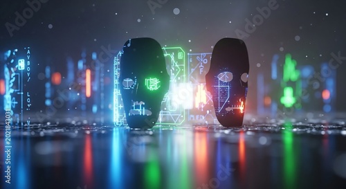 Futuristic Digital Masks with Glowing Circuits in a Cyberpunk World