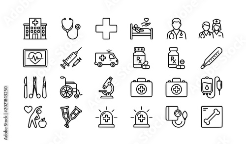 Healthcare outline icon set for hospital patient treatment web and app