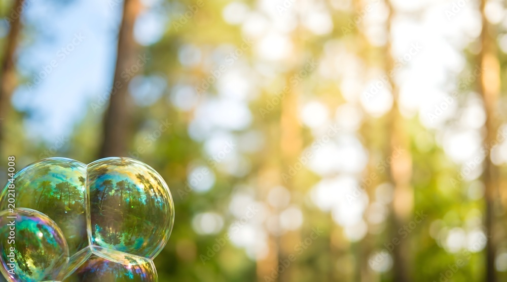 Fototapeta premium Soap bubbles in sunny forest with bokeh background