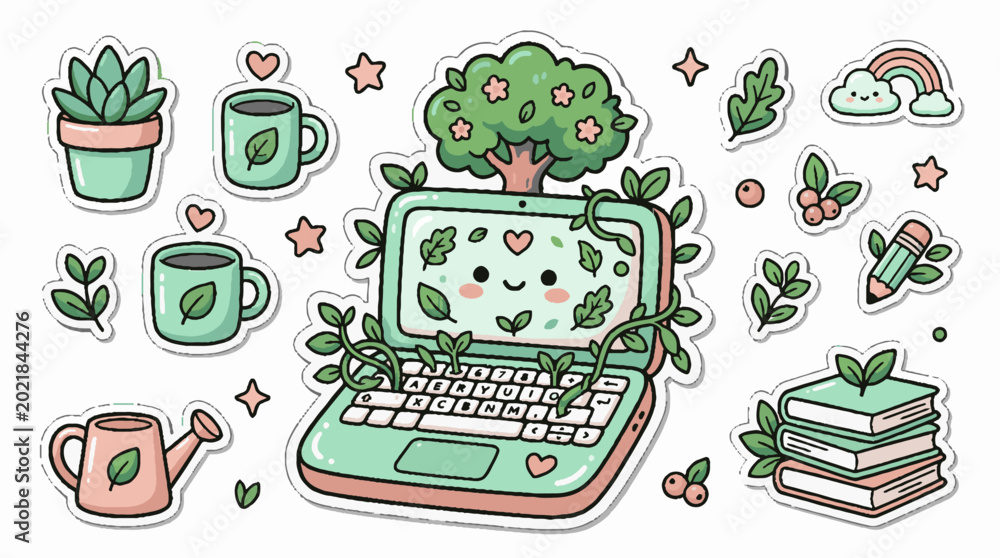 Fototapeta premium Cute hand drawn sticker set with laptop and nature elements.