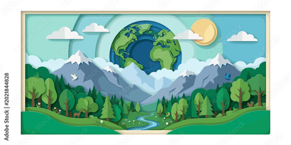 Fototapeta premium Paper Cut Earth with Forest Landscape, Eco Nature Environment Concept, Layered Vector Illustration
