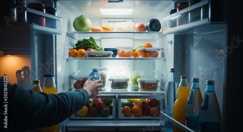 Open refrigerator stocked with fresh produce and beverages, person reaching for a bottle