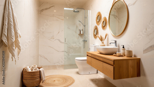 Konstfotografi Modern bathroom with wood vanity marble tiles walk in shower interior design bat