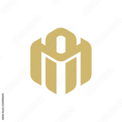 Modern luxurious golden monogram logo with elegant geometric design. Sophisticated letter M symbol featuring clean lines and strong architectural structure. 