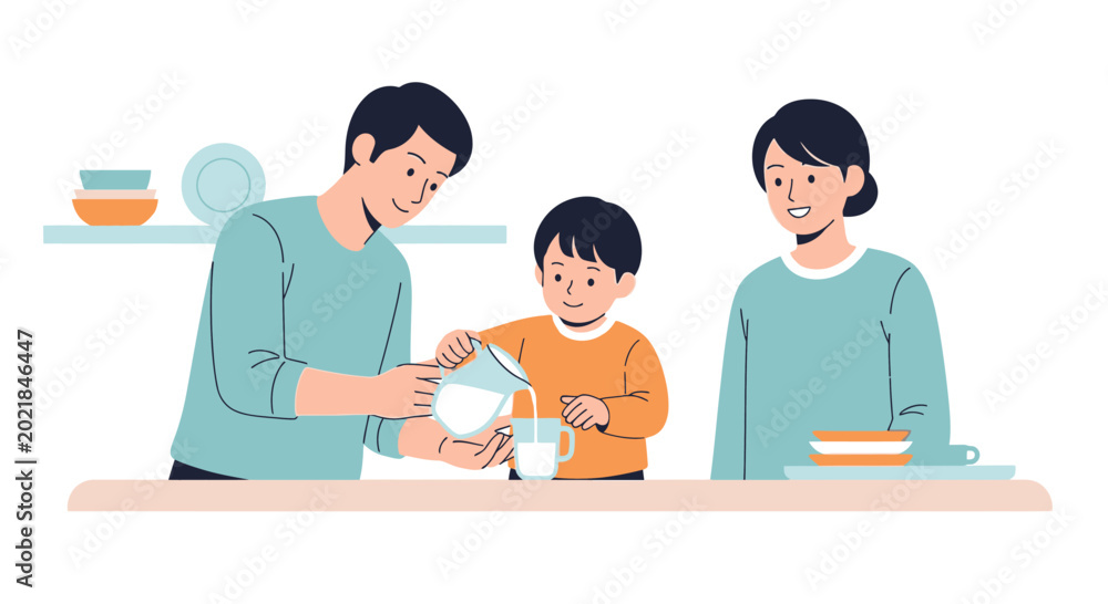 Obraz premium Family Pouring Milk for Child, Healthy Lifestyle, Kitchen Scene