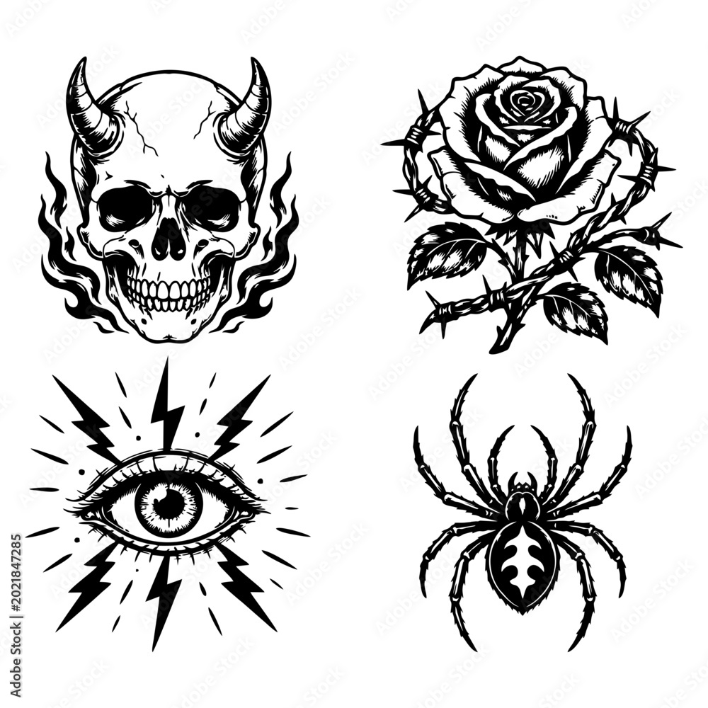 Obraz premium Dark gothic tattoo flash set with demon skull thorn rose mystical eye and spider