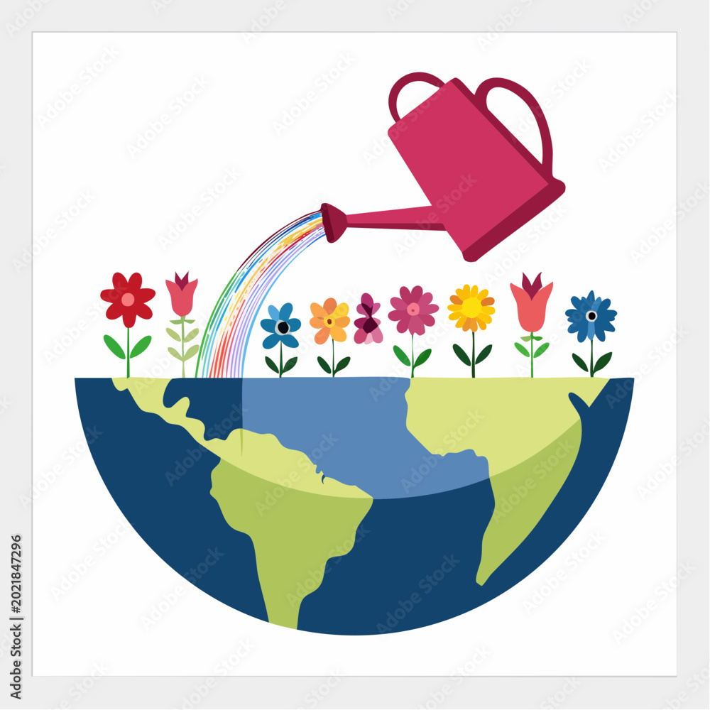 Fototapeta premium Watering Can Nourishing Flowers on Planet Earth