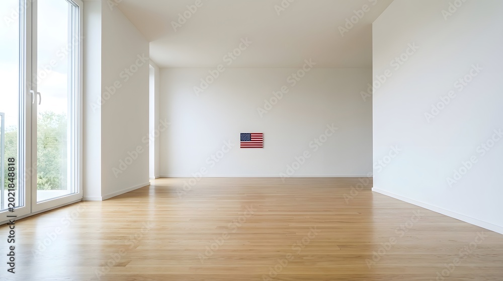 Fototapeta premium Empty modern room with american flag on wall and wooden floor