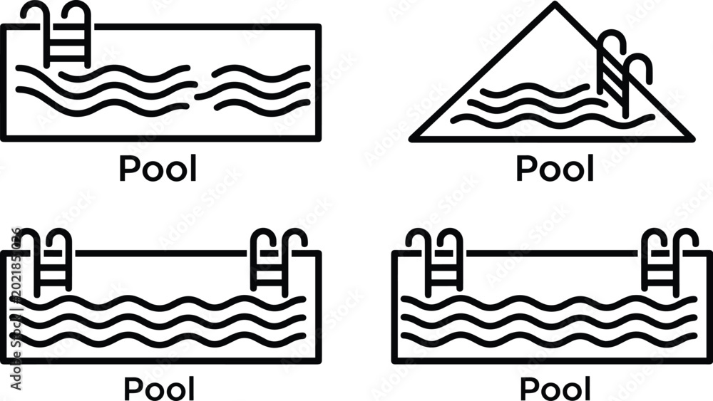 Fototapeta premium Swimming Pool Icon Set with Water Waves and Ladder Symbols for Hotel Resort and Summer Vacation Travel Designs