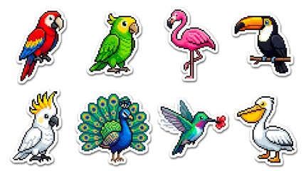 Set Sticker Of Tropical bird pixel art with parrot, flamingo, toucan, cockatoo, peacock, hummingbird, pelican, and macaw, vibrant retro pixel illustration, cute 2D gaming style