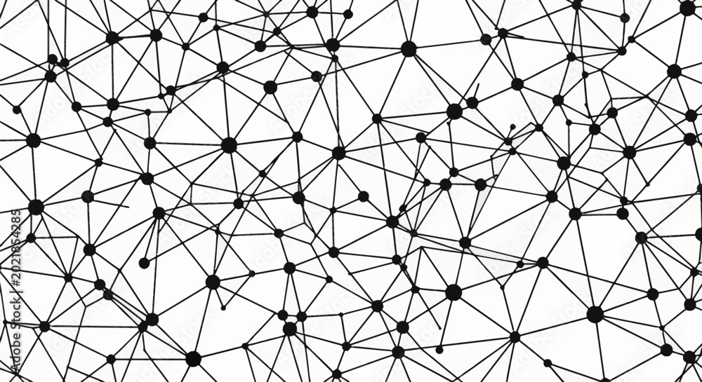 Obraz premium Monochrome geometric network illustration with various sized black circular nodes connected by thin black lines on a white background forming a complex web of neural pathways or data structure.