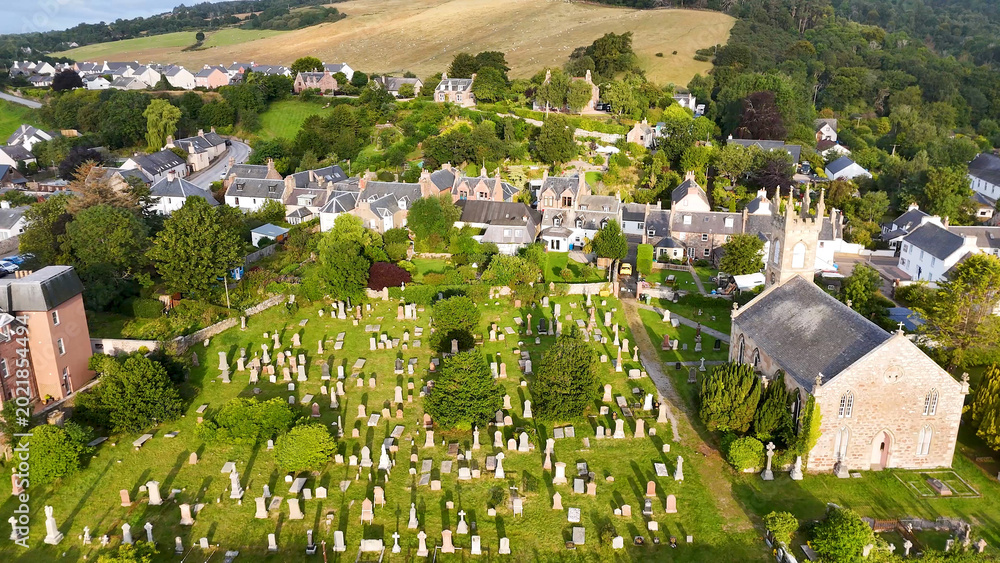 Obraz premium Aerial View of Rosemarkie Church and Graveyard in the Scottish Highlands
