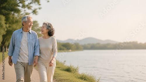 Happy senior couple walking together outdoor joyful mood