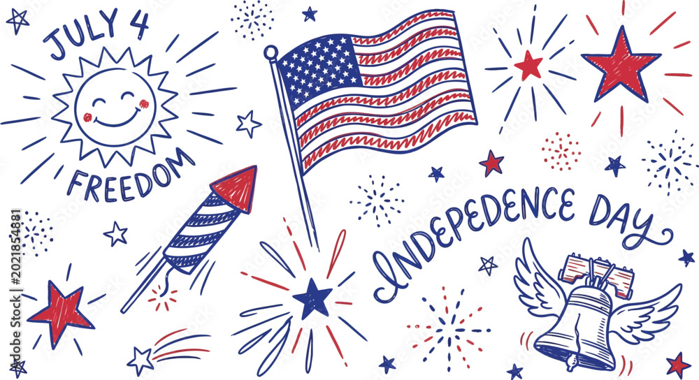 Obraz premium Independence day celebration comes to life with hand drawn fireworks and festive patriotic icons.