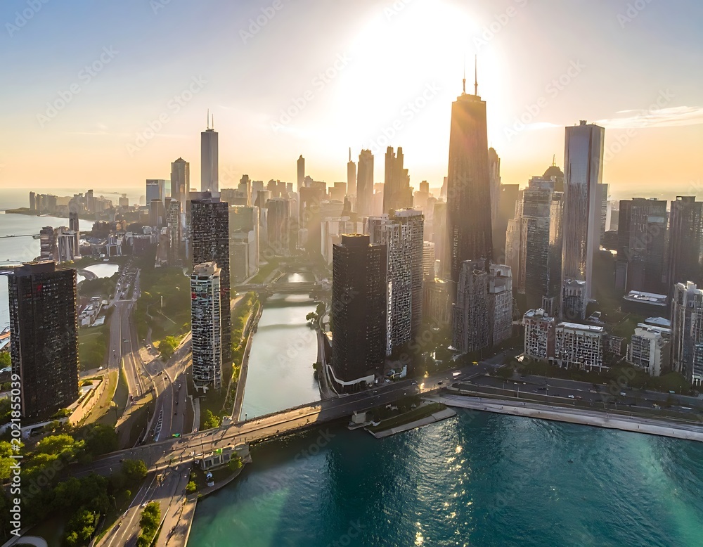 Obraz premium Aerial view of a cityscape at sunrise with a river