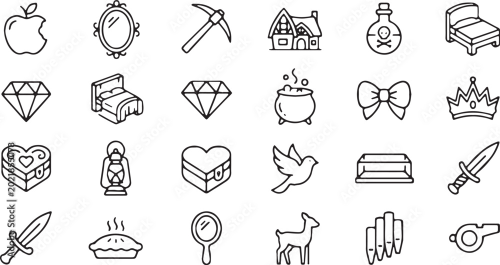 Obraz premium Fairytale and Magic Adventure Icon Set: Black and White Line Art Vector Illustration of Poison Apple, Magic Mirror, Cauldron, and Fantasy Elements