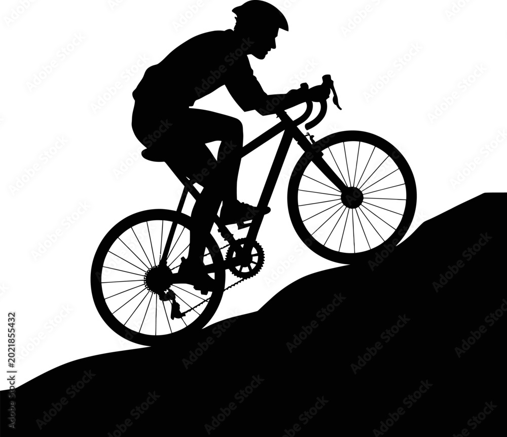 Obraz premium Man riding bicycle on hill slope in silhouette isolated on white background