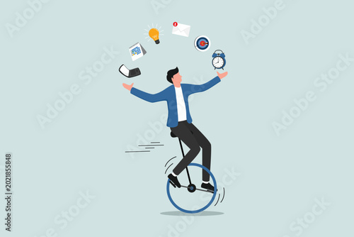 Productivity skills or experts, multitasking work and time management concepts, skilled entrepreneurs who ride a unicycle while juggling various elements, laptop, calendar, ideas and emails.