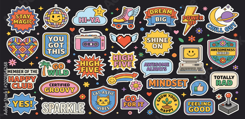 Retro 90s Stickers and Patches Collection with Fun and Positive Vibes, Featuring Pop Culture, Music, and Lifestyle Elements for a Nostalgic Aesthetic
