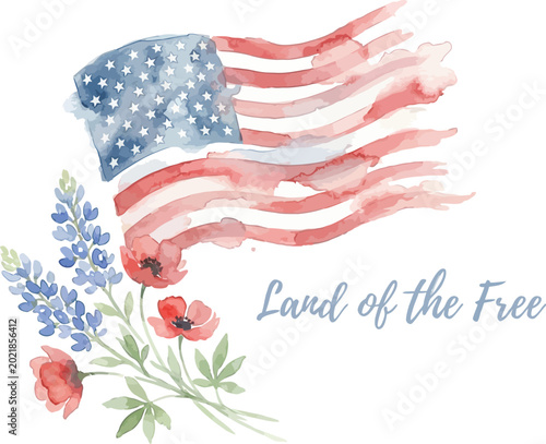 American flag waves above elegant wildflowers including lupine and poppies in a soft.