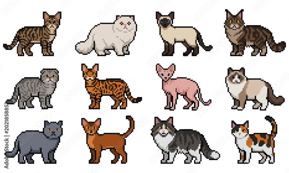Obraz premium Collection of 12 Diverse Pixel Art Cats, Each Exhibiting Unique Breeds and Colorations, Presented in a Grid Layout for retro game design