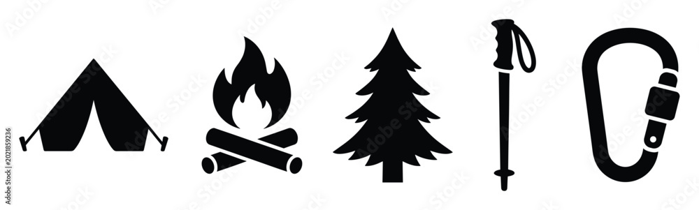 Obraz premium Outdoor adventure activity symbols including tent campfire tree hiking pole and carabiner for camping tourism