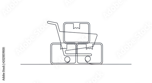 Continuous line drawing of trolley with stacked boxes, e-commerce delivery concept.