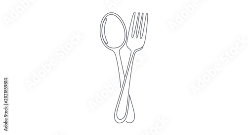 Minimalist Line Art Drawing of Crossed Spoon and Fork on White Background