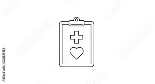 Health care clipboard with cross and heart icon, medical record symbol outline