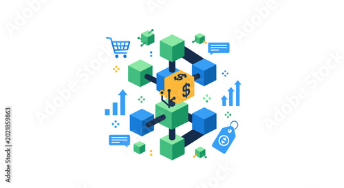 Decentralized Finance Blockchain Network with Dollar Symbol and Shopping Cart