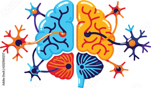 The human brain illustration shows a detailed view of neurons and brain sections in vibrant colors.