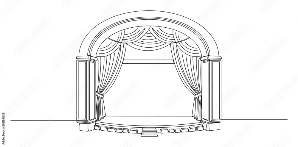 Fototapeta premium Elegant classical theater stage proscenium arch with drawn curtains ready for performance event graphic