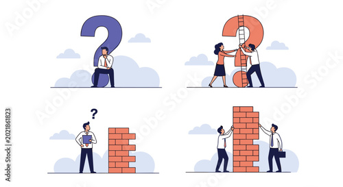 Conceptual illustration showing business people solving problems and building brick walls with question marks.