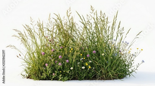 Ultra-realistic clump of wild grass with vibrant scattered wildflowers, perfect for natural landscape design, ecological themes, and architectural visualization, isolated on a clean white background