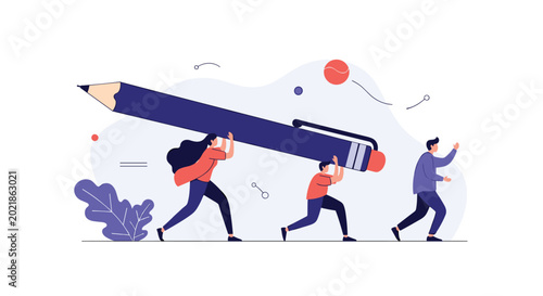 Team of creative professionals collaborates to carry giant writing tools symbolizing the power of words and ideas.