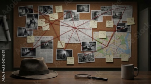 Foto Detective investigation board with photos and red string on desk