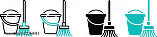 Photos Broom and bucket icon set multiple style household cleaning icons isolated vector collection representing housekeeping tools, janitorial services and home cleaning maintenance interface design