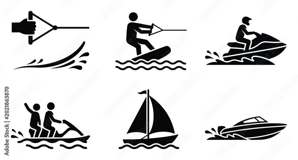 Fototapeta premium Water sports and boating icons depicting summer activities for graphic projects