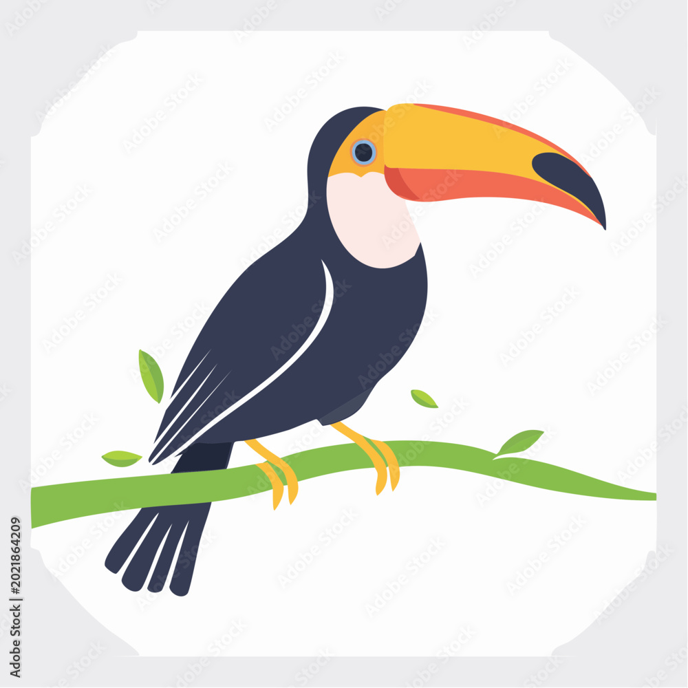 Obraz premium Flat illustration of a toucan perched on a branch