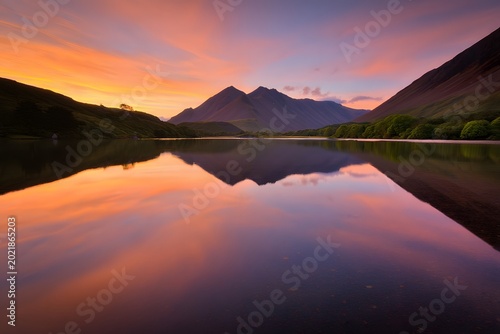 Serene Lake Sunset: A breathtaking sunset casts vibrant colors across the sky and reflects in the still waters of a tranquil lake, creating a harmonious and peaceful scene.
