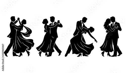Photos Elegant four couples dancing silhouette vector set in romantic ballroom poses is