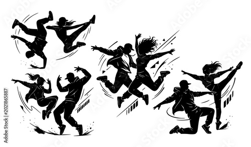 Photos Four couples street dance silhouette vector illustration with dynamic hip hop po