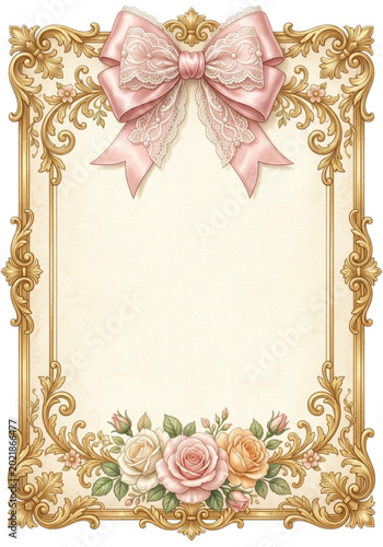 Fotografie Vintage Gilt Frame with Pink Ribbon and Roses