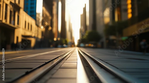 City tram tracks leading into a glowing golden hour urban scene, reflecting warm light with blurred buildings and traffic, conveying movement, commute and forward direction