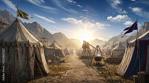 Ancient military encampment scene at sunrise with tents and siege weaponry amidst mountains