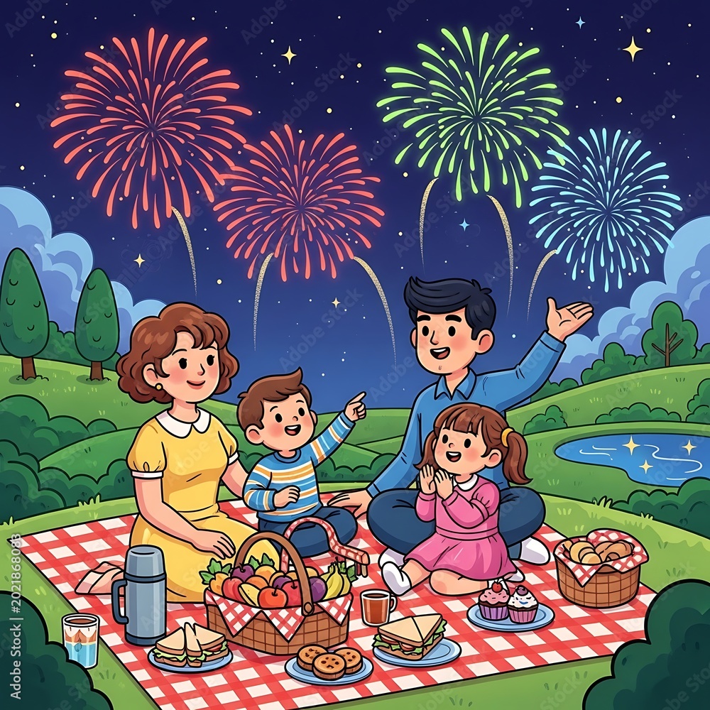 Fototapeta premium Happy family having a picnic dinner watching fireworks in the park at night
