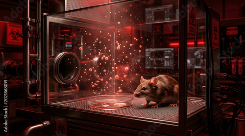 Laboratory mouse in containment, scientific research, biological experiment, red glow