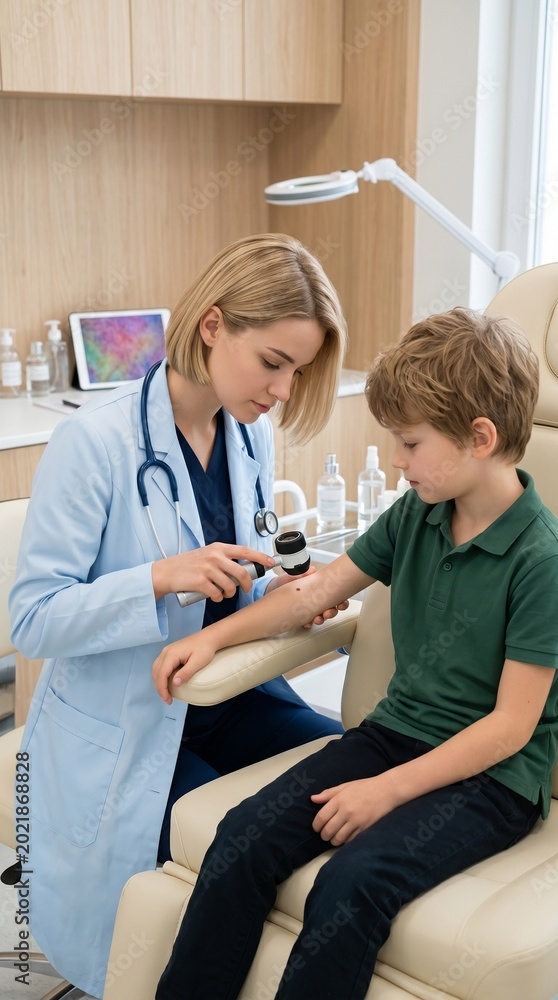 Fototapeta premium Pediatrician Examining Young Boy's Skin Condition During a Medical Consultation