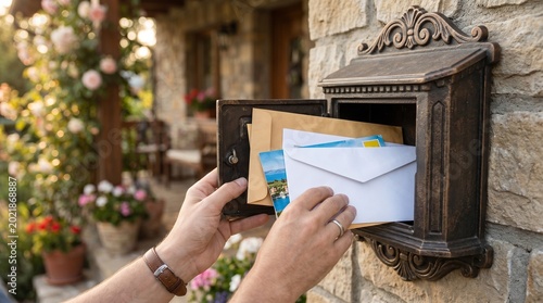 Person collecting mail from an ornate wall-mounted mailbox with floral background