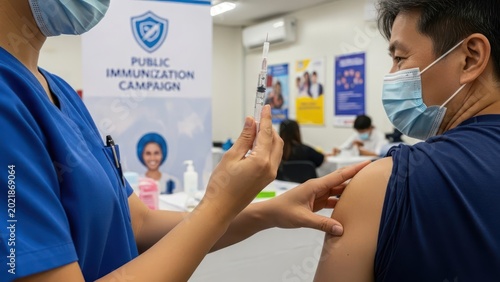 Asian man receiving immunization in public campaign for health protection measures